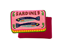 Load image into Gallery viewer, Handmade Sardines beaded clutch bag with detachable chain strap. A colorful statement purse and playful novelty accessory for parties, gifts, and standout looks.