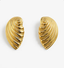 Load image into Gallery viewer, Pair of sculpted gold shell earrings with a polished, swirling, textured design displayed on a clean white background