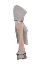 Load image into Gallery viewer, Dark gray fitted zip-up hoodie with orange sleeve stripes, oversized hood and dramatic layered ruffle bell sleeves.