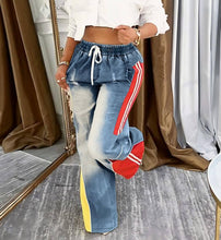 Load image into Gallery viewer, Sporty contrast stripe wide leg denim jeans with drawstring waistband