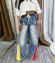Load image into Gallery viewer, Sporty contrast stripe wide leg denim jeans with drawstring waistband