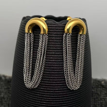 Load image into Gallery viewer, Two-tone chain fringe drop earrings with polished 18K gold-plated curved tops and cascading silver-tone stainless steel chains.