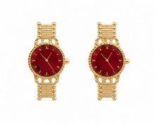 Load image into Gallery viewer, Gold-tone watch-inspired statement earrings with deep crimson watch faces available at Glam Expressway Boutique.