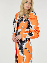 Load image into Gallery viewer, Glam Expressway's Orange puff sleeve Blazer Dress is a show stopper! This dress is orange and printed with black and white florals. This fun dress is double breasted with gold toned buttons and a pop of color for an elevated look. Wear this gorgeous and stylish dress to dinner parties and rooftops all Summer long!