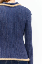 Load image into Gallery viewer, Close-up of The Aspen Double Zip Knit Cardigan featuring a ribbed navy knit, contrast fuzzy trim, fold-over collar, and functional double zipper.