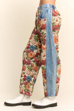 Load image into Gallery viewer, Floral tapestry panel straight-leg denim pants with vintage botanical pattern and contrast blue denim side panels.