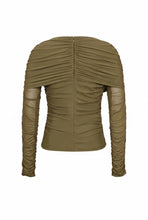 Load image into Gallery viewer, Olive green double-layer mesh long sleeve top featuring diagonal draped ruching, sheer mesh sleeves, a round neckline, and a fitted silhouette on a white background.