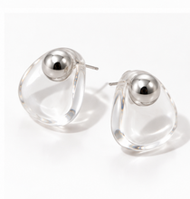 Load image into Gallery viewer, Clear transparent lucite statement earrings with rounded sculptural shapes and polished silver-tone sphere accents.