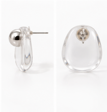Load image into Gallery viewer, Clear transparent lucite statement earrings with rounded sculptural shapes and polished silver-tone sphere accents.