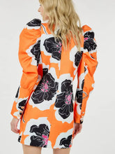 Load image into Gallery viewer, Glam Expressway's Orange puff sleeve Blazer Dress is a show stopper! This dress is orange and printed with black and white florals. This fun dress is double breasted with gold toned buttons and a pop of color for an elevated look. Wear this gorgeous and stylish dress to dinner parties and rooftops all Summer long!