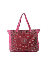 Load image into Gallery viewer, Berry pink oversized tote bag featuring an allover bandana print design with sturdy shoulder straps and a spacious open interior, displayed on a white background.
