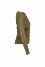 Load image into Gallery viewer, Olive green double-layer mesh long sleeve top featuring diagonal draped ruching, sheer mesh sleeves, a round neckline, and a fitted silhouette on a white background.