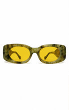 Load image into Gallery viewer, Olive tortoise rectangular sunglasses with chunky frame and yellow tinted lenses, shown on a model and on a white background.