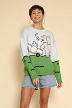 Load image into Gallery viewer, Stay cozy in style with our Elephant Knit Sweater, featuring a playful safari-inspired elephant intarsia design. This knit sweater is crafted for comfort and warmth, complete with a classic round neckline for easy layering. Perfect for adding a fun yet sophisticated touch to your fall wardrobe!
