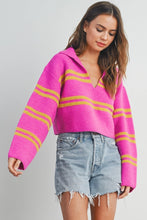 Load image into Gallery viewer, Brighten up your wardrobe with our Pink and Yellow Striped Sweater Top! This slightly cropped, ultra-soft knit is a playful burst of color that’s perfect for layering or wearing solo. Bold, comfy, and effortlessly chic—this is the sweater your closet has been waiting for!
