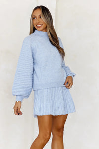 Blue Pleated Knit Mini Skirt