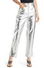 Load image into Gallery viewer, Get ready to shine in our Silver Metallic Pants. These high waisted vegan leather trousers have a straight leg fit, 4 pockets and an amazing iridescent metallic color. These pants are so versatile. They look great teamed with a fitted top and heels for a night out. Or dress them down with a button down shirt, T-shirt or knit sweater. 
