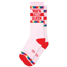Load image into Gallery viewer, Pink crew socks with red heel and toe featuring “100% That Queen” text and colorful geometric pattern.
