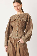 Load image into Gallery viewer, Women's vintage-washed brown denim jacket with a collarless round neckline, button front, chest pockets and sculpted fitted waist.
