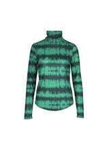 Load image into Gallery viewer, Our Green Dyed Long Sleeve Top is ribbed with a high neck and a beautiful Kelly green and black tie dye fabric. This long sleeve shirt has lots of stretch, thin and soft ribbed fabric, and hits to just below the waist. The Green Dyed Long Sleeve Top can be worn to work with a pair of trousers or on the weekend with a maxi skirt. This all weather, all season top looks chic tucked in or worn out so the styling options are endless. 
