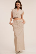 Load image into Gallery viewer, The beige slim fit maxi dress is the perfect basic piece transitioning effortlessly from day-to-night. This beige skirt features a classic all over pin stripe design that is both chic and timeless. The beige maxi skirt can easily go from a day at the office to a night on the town. With belt loops, front pockets and a button &amp; zipper closure at the front, the beige slim fit maxi skirt is wearable and comfortable. 
