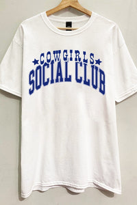 Saddle up in style with our White Cowgirl Social Club Graphic Tee. Crafted from 100% cotton for comfort and breathability, this short sleeve tee features an oversized "COWGIRLS SOCIAL CLUB" graphic, making a bold statement wherever you go. Whether you're hitting the rodeo or simply embracing the western spirit, this tee is sure to be a wardrobe favorite.