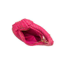 Load image into Gallery viewer, Elegantly designed and soft to the touch, our Woven Leather Fuchsia Top Handle Bag is made of non-toxic and cruelty-free recycled vegan leather. Its small size makes it perfect for all-day wear. The handle is adorned with a knotted detail and the interior features zip and slot pockets.
