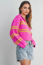 Load image into Gallery viewer, Brighten up your wardrobe with our Pink and Yellow Striped Sweater Top! This slightly cropped, ultra-soft knit is a playful burst of color that’s perfect for layering or wearing solo. Bold, comfy, and effortlessly chic—this is the sweater your closet has been waiting for!
