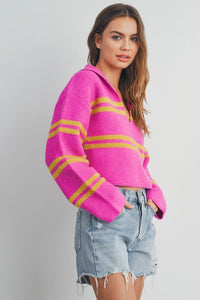 Brighten up your wardrobe with our Pink and Yellow Striped Sweater Top! This slightly cropped, ultra-soft knit is a playful burst of color that’s perfect for layering or wearing solo. Bold, comfy, and effortlessly chic—this is the sweater your closet has been waiting for!