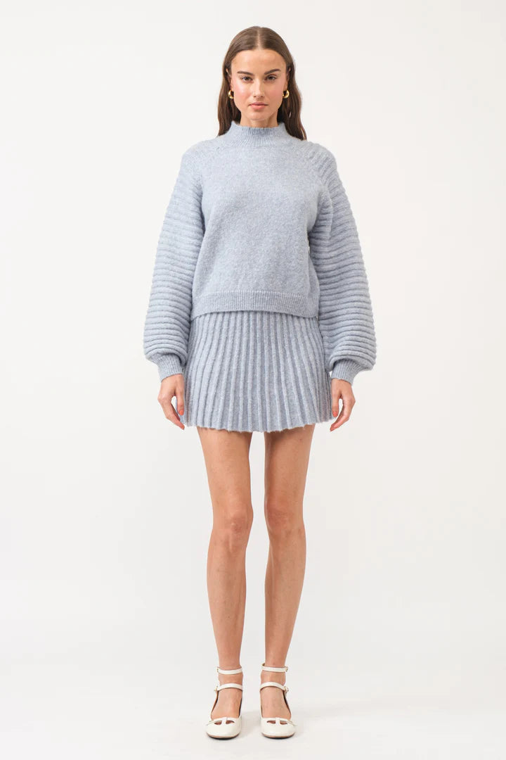 Blue Pleated Knit Mini Skirt