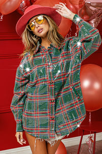 Add the finishing touches to your fall wardrobe with our Sequin Plaid Shirt. Vintage style green and red plaid button down shirt covered with clear sequins. It is festive, stylish and an upgrade of a classic design.