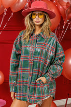 Load image into Gallery viewer, Add the finishing touches to your fall wardrobe with our Sequin Plaid Shirt. Vintage style green and red plaid button down shirt covered with clear sequins. It is festive, stylish and an upgrade of a classic design.
