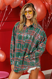 Add the finishing touches to your fall wardrobe with our Sequin Plaid Shirt. Vintage style green and red plaid button down shirt covered with clear sequins. It is festive, stylish and an upgrade of a classic design.
