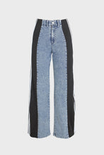 Load image into Gallery viewer, Step up your denim game with these chic wide-leg jeans, featuring a sporty black stripe down each side. Made from soft, stretchy fabric that feels breathable and comfortable all day long, these high-rise straight-leg jeans are perfect for a sleek, casual look. Ideal for pairing with anything from a simple tee to a dressy top.
