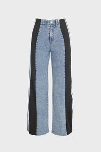 Step up your denim game with these chic wide-leg jeans, featuring a sporty black stripe down each side. Made from soft, stretchy fabric that feels breathable and comfortable all day long, these high-rise straight-leg jeans are perfect for a sleek, casual look. Ideal for pairing with anything from a simple tee to a dressy top.