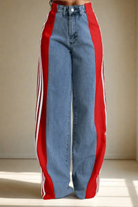 Elevate your denim game with these high-rise, straight-leg Wide Jeans featuring bold red and white sporty side stripes. Made from soft, stretchy, and breathable fabric, these jeans offer a perfect blend of comfort and style. Whether you're dressing them up or keeping it casual, these jeans add a trendy edge to any outfit.