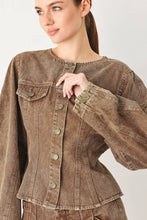 Load image into Gallery viewer, Women's vintage-washed brown denim jacket with a collarless round neckline, button front, chest pockets and sculpted fitted waist.
