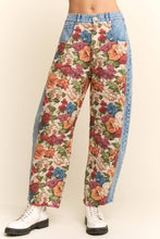 Load image into Gallery viewer, Floral tapestry panel straight-leg denim pants with vintage botanical pattern and contrast blue denim side panels.
