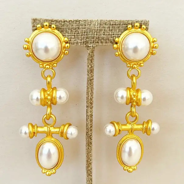 Make a bold statement with these exquisite designer earrings. Crafted from striking gold-tone metal and adorned with faux pearl accents, these extra-large, dangling beauties feature a captivating two-layer design. Measuring approximately 3.5” tall and 1.25” wide, they are the perfect blend of luxury and sophistication. Turn heads and exude confidence with these stunning, fashion-forward earrings.