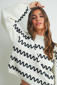 Cream Wavy Stripe Turtleneck Sweater