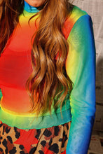 Load image into Gallery viewer, Turn heads in the Prism Heat Mesh Top. A vibrant rainbow mesh top with a flattering mock neck and stretch fit that's perfect for layering all year long.
