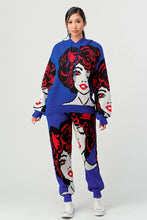 Load image into Gallery viewer, Anime face comic strip sweater set. A cozy red and blue hoodie top combined with a matching pair of jogger pants. Designed with side seams pockets. Perfect lounge or weekend wear!

