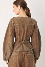 Load image into Gallery viewer, Women's vintage-washed brown denim jacket with a collarless round neckline, button front, chest pockets and sculpted fitted waist.
