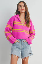 Load image into Gallery viewer, Brighten up your wardrobe with our Pink and Yellow Striped Sweater Top! This slightly cropped, ultra-soft knit is a playful burst of color that’s perfect for layering or wearing solo. Bold, comfy, and effortlessly chic—this is the sweater your closet has been waiting for!
