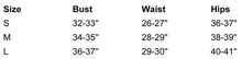 Load image into Gallery viewer, Size chart for clothing measurements including bust, waist, and hips.
