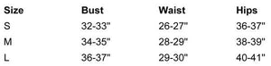 Size chart for clothing measurements including bust, waist, and hips.