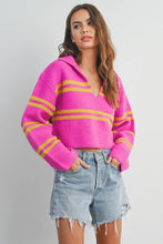 Load image into Gallery viewer, Brighten up your wardrobe with our Pink and Yellow Striped Sweater Top! This slightly cropped, ultra-soft knit is a playful burst of color that’s perfect for layering or wearing solo. Bold, comfy, and effortlessly chic—this is the sweater your closet has been waiting for!
