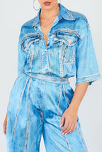Load image into Gallery viewer, Light blue denim effect satin pants set worn by a person on a light gray background
