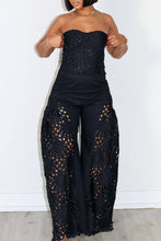 Load image into Gallery viewer, Black lace strapless corset top and matching pant with lace detail worn by a model against a white background
