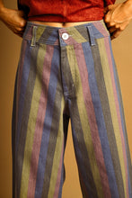 Load image into Gallery viewer, Multicolor striped high-waisted denim jeans featuring dusty blue, olive green, mauve, and charcoal vertical stripes with a button closure and belt loops.
